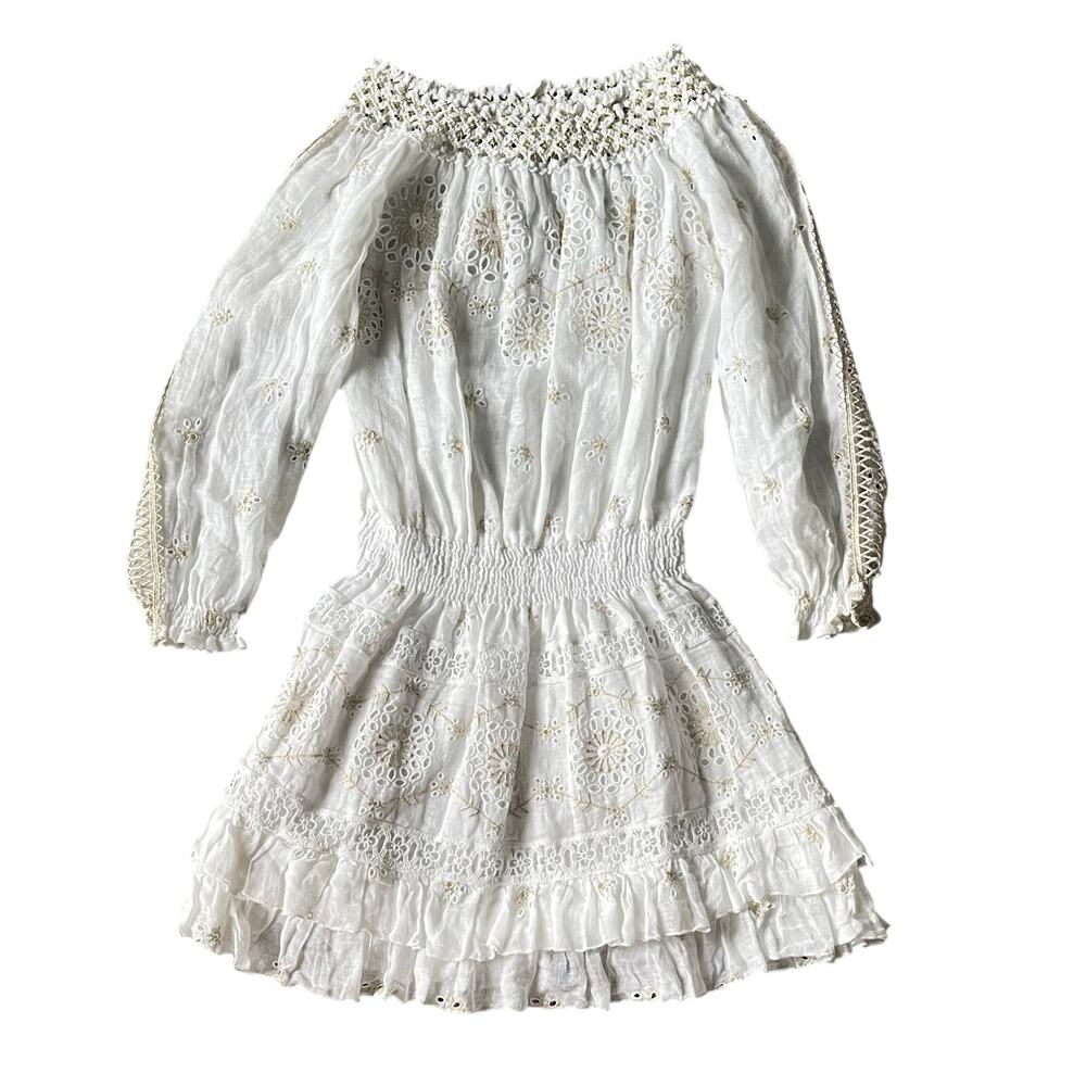Temptation Positano Irlanda White Smocked‎ Eyelet 100% Linen Mini Dress - Picture 7 of 12